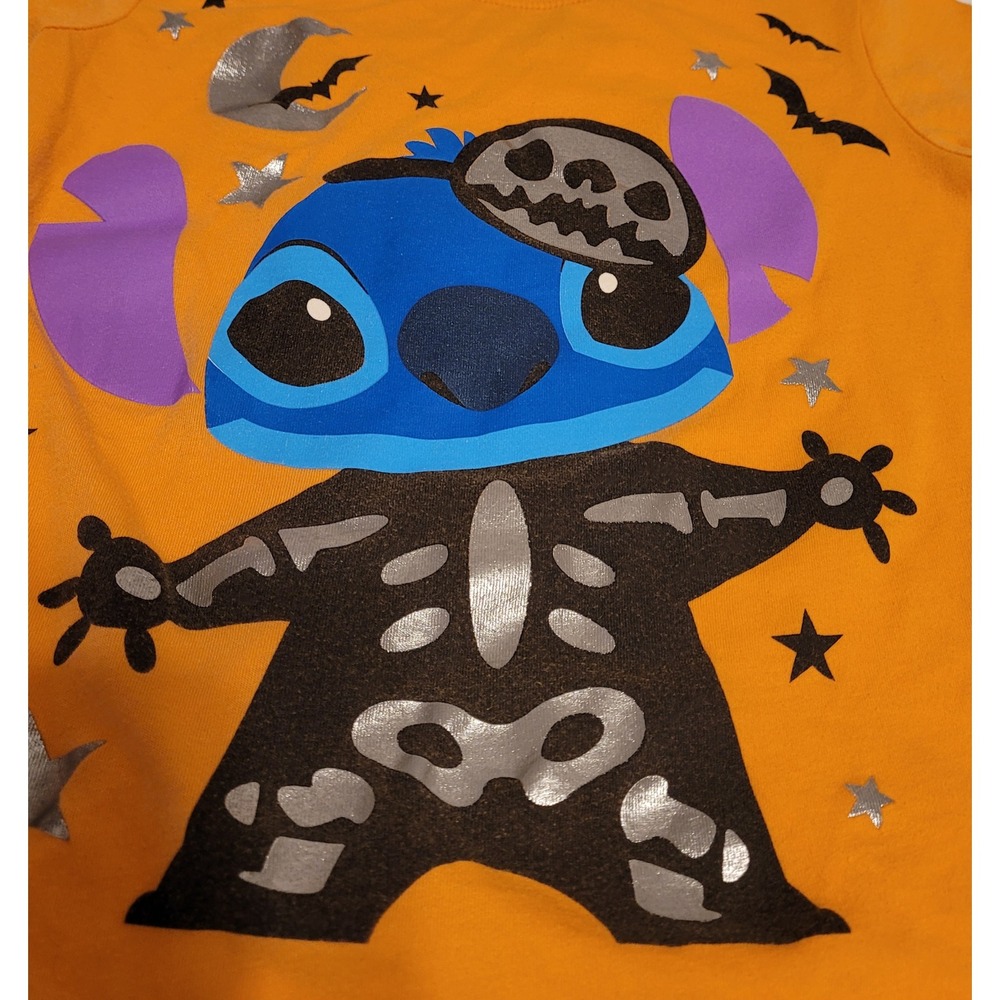 Disney Stitch Halloween Skeleton Spooky Shirt Kids M 7-8 Orange Short Sleeve Tee